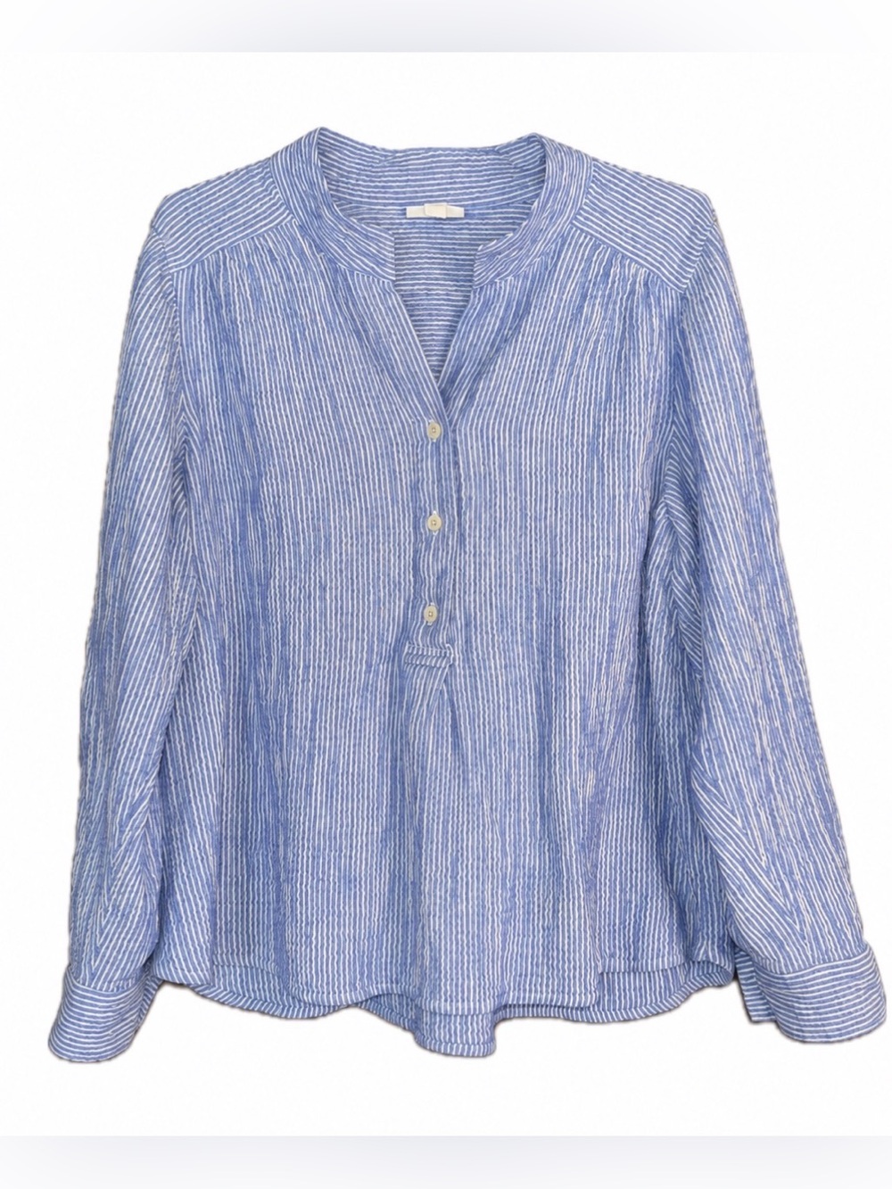 J.Jill Blue & White Striped Cotton Crinkle Popover Long Sleeve Top. Size L
